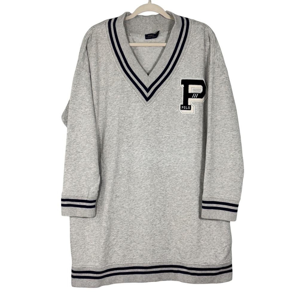 Polo Ralph Lauren Varsity Letterman Sweatshirt Dress Womens XL Grey V-Neck